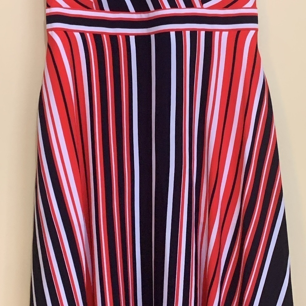 Karl Lagerfeld | Red White Blue Striped Sleeveless Handkerchief Hem Midi Dress 0 - Picture 5 of 17